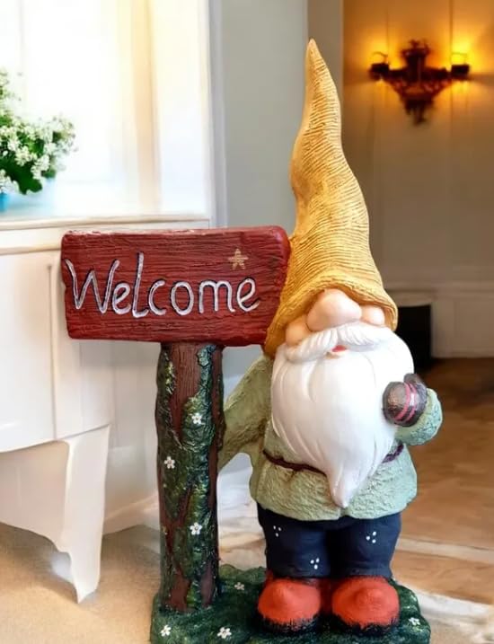 Large Garden Gnome Welcome Sign for Outdoor Decor, Garden Gnome Statue, Welcome Sign Gnome, Porch Welcome Gnome, Cute Gnome Statue