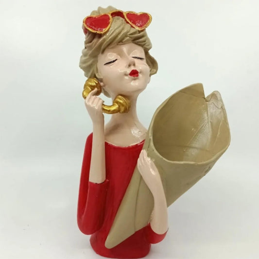 Stylish Girl Figurine Holding a Bouquet, Girl Figurine, Woman Statue, Lady Flower Planter, Unique Gift for Women, Stylish Girl Sculpture, Stylish Girl Decor, Stylish Girl Statue