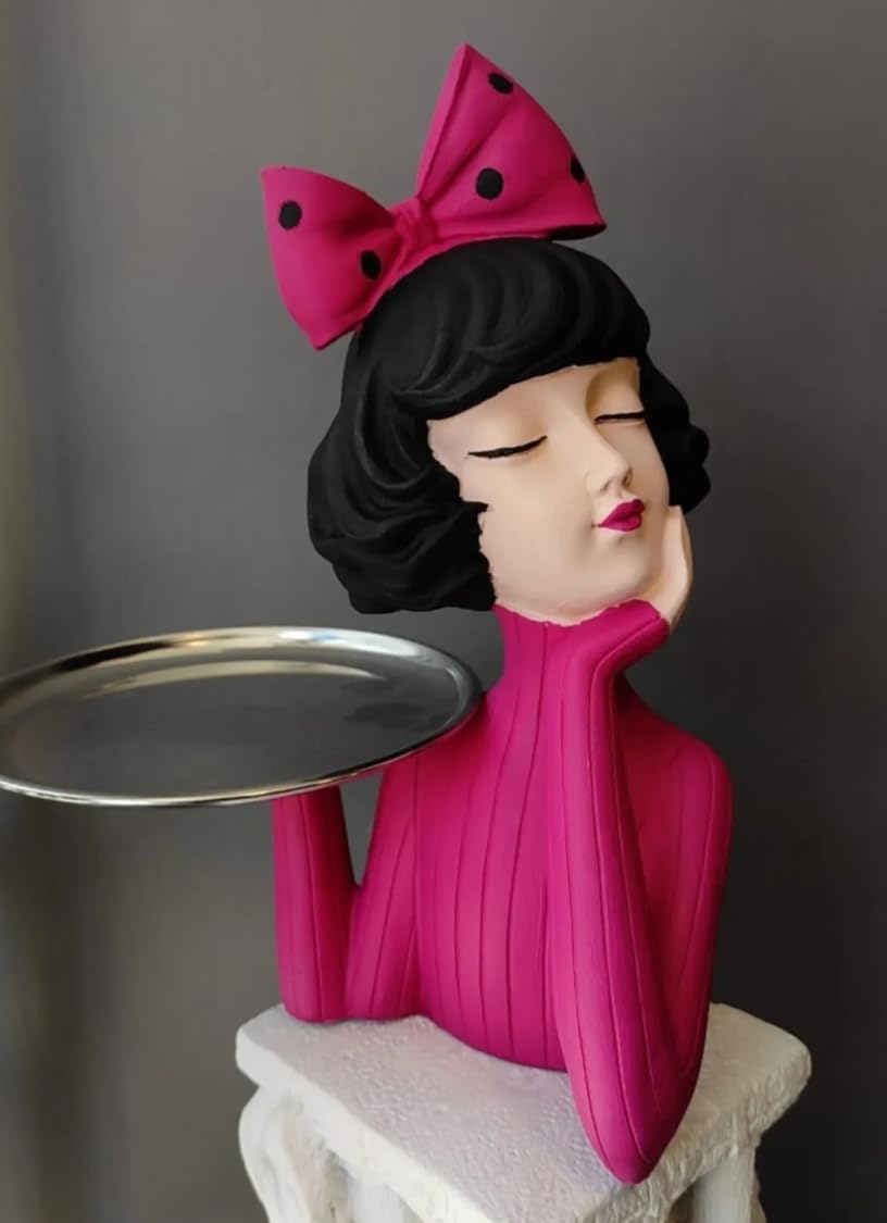 Handcrafted Girl Holding Tray Figure, Girl Sculpture With Tray Decor, Functional Girl Figurine With Tray, Decorative Girl Figurine For Gift, Girl Holding Tray Decor
