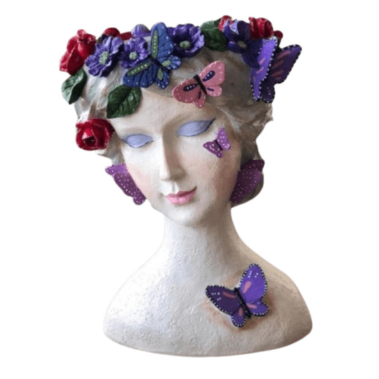 Elegant Female Bust Flower Pot with Butterfly and Floral Design, Decorative Polyester Planter for Indoor Spaces, Butterfly Flowerpot, Butterfly Vase, Butterfly Pot