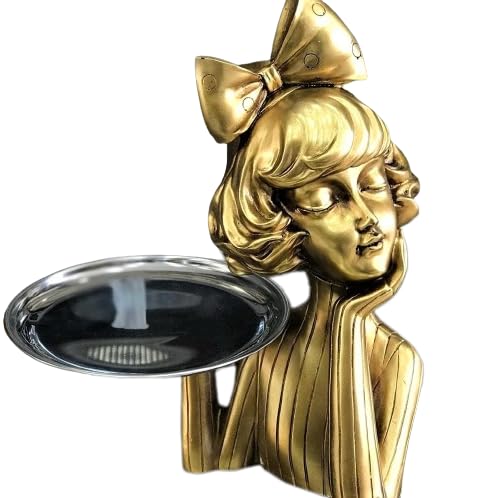 Handcrafted Girl Holding Tray Figure, Girl Sculpture With Tray Decor, Functional Girl Figurine With Tray, Decorative Girl Figurine For Gift, Girl Holding Tray Decor
