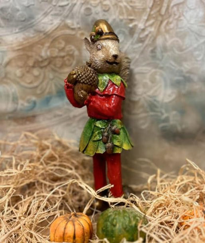 Squirrel Elf Statue, Whimsical Squirrel Statue, Polyester Squirrel Figurine, Cute Squirrel with Acorns Statue, Squirrel in Costume Figurine