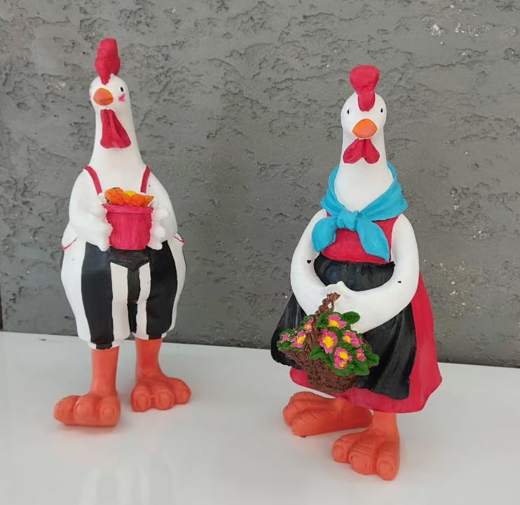 Farmhouse Chicken Decor, Charming Rooster and Hen Figurines Holding Flowers, Flower Holding Rooster, Cute Chicken Statues, Chicken Statue, Cockerel Decor, Cockerel Statue