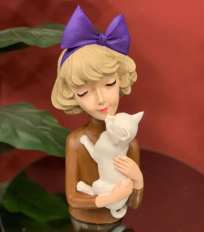 Girl With Cat Decor, Whimsical Decor Accent, Hand-painted Art Decor, Decorative Girl Statue, Cat Themed Home Decor, Girl and Pet Sculpture, Girl and Pet Decor
