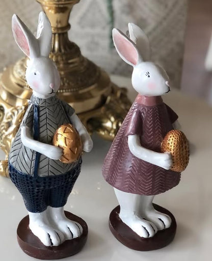 Handmade Easter Bunny Figurines with Colorful Eggs, Decorative Polyester Rabbits, Easter Bunny Figurines, Handmade Rabbit Statues, Easter Rabbit Sculpture