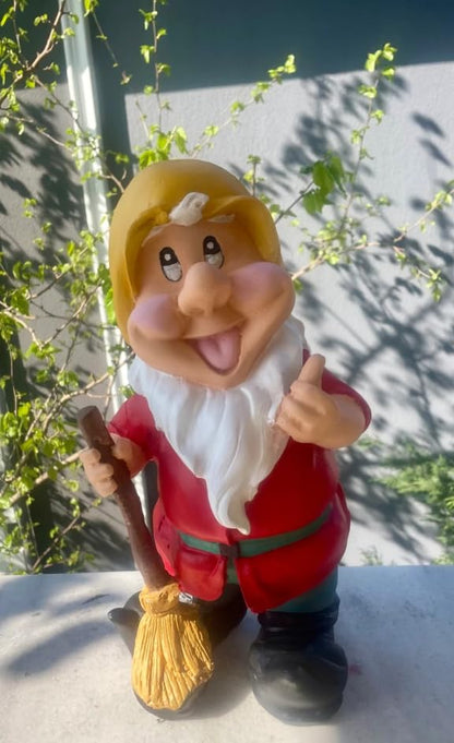 Happy Garden Gnome with Broom for Outdoor Decor, Garden Gnome Statue, Patio Gnome Figure, Gnome Decor, Broom Holding Gnome