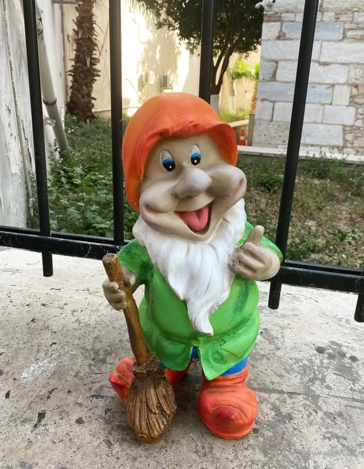 Happy Garden Gnome with Broom for Outdoor Decor, Garden Gnome Statue, Patio Gnome Figure, Gnome Decor, Broom Holding Gnome