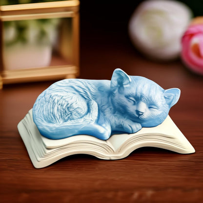 Sleeping Cat Statue on Book, Polyester Sleeping Kitten Sculpture on Book, Sleeping Cat on Book Statue, Cute Cat Figurine on Open Book