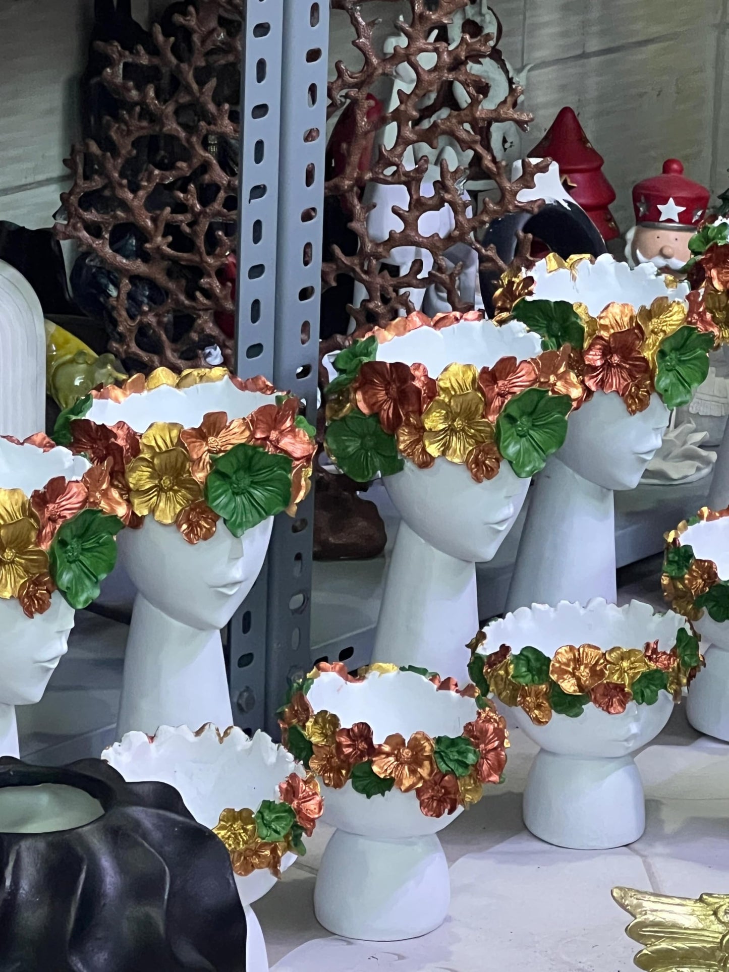 Modern Face Flower Pot with Floral Crown Set of 2, Indoor Home Accent, Chic Face Decor, Polyester Flower Pot, Face Sculpture Planter, Face Planter, Face Pot