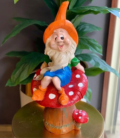 Garden Gnome Sitting on Red Mushroom Outdoor Decor, Garden Gnome Statue, Outdoor Garden Decor, Mushroom Gnome Figure, Fairy Garden Gnome, Garden Gnome Sculpture, Garden Gnome Decor