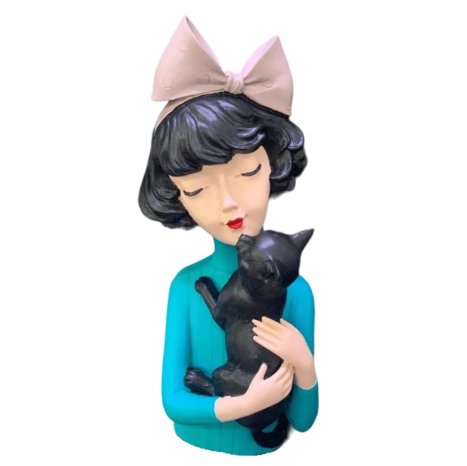 Girl With Cat Decor, Whimsical Decor Accent, Hand-painted Art Decor, Decorative Girl Statue, Cat Themed Home Decor, Girl and Pet Sculpture, Girl and Pet Decor