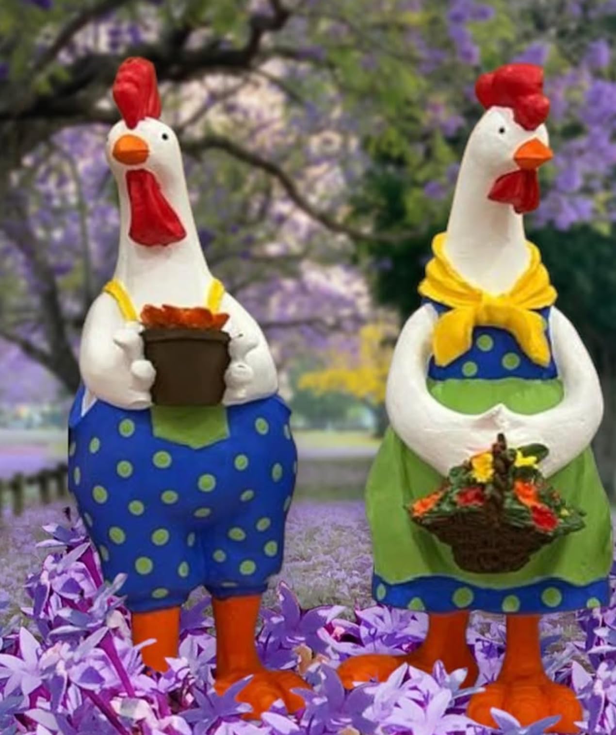 Farmhouse Chicken Decor, Charming Rooster and Hen Figurines Holding Flowers, Flower Holding Rooster, Cute Chicken Statues, Chicken Statue, Cockerel Decor, Cockerel Statue