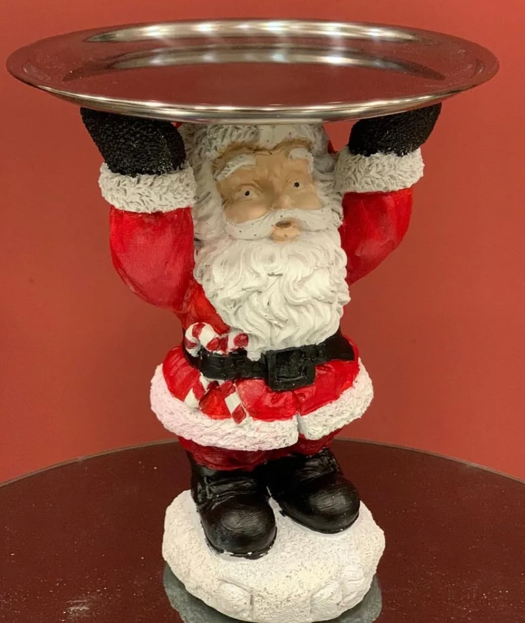 Santa Claus Tray Holder, Holiday Serving Stand, Santa Figurine with Metal Tray for Snacks & Sweets, Christmas Decoration, Santa Sculpture, Santa Claus Tray