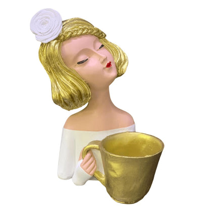 Elegant Female Figurine Holding a Mug, Handcrafted Girl Sculpture, Female Art Statue, Stylish Tabletop Sculpture, Female Statue, Girl Statue, Girl Decor, Girl Sculpture