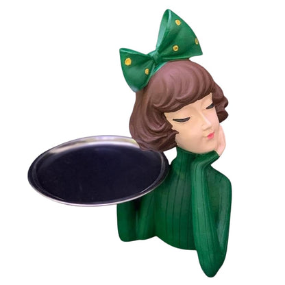 Handcrafted Girl Holding Tray Figure, Girl Sculpture With Tray Decor, Functional Girl Figurine With Tray, Decorative Girl Figurine For Gift, Girl Holding Tray Decor