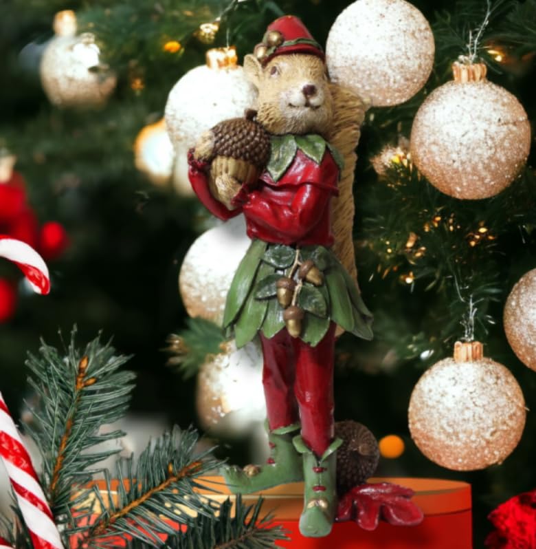 Squirrel Elf Statue, Whimsical Squirrel Statue, Polyester Squirrel Figurine, Cute Squirrel with Acorns Statue, Squirrel in Costume Figurine