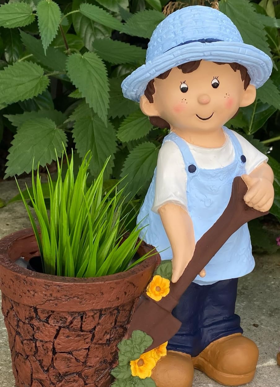 Cute Girl and Boy Planter Pots for Garden Decor, Outdoor Yard Statues, Polyester Garden Pot, Cute Planter Figurine, Boy Girl Flower Pot
