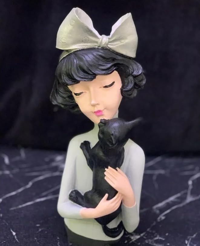 Girl With Cat Decor, Whimsical Decor Accent, Hand-painted Art Decor, Decorative Girl Statue, Cat Themed Home Decor, Girl and Pet Sculpture, Girl and Pet Decor