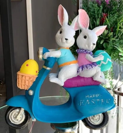 Bunny Couple Scooter Statue, Rabbits On A Vespa Decor, Whimsical Bunny Ornament,Rabbit Sculpture,Easter Rabbit Decor, Easter Bunny Decor, Easter Bunny Sculpture, Easter Rabbit Sculpture