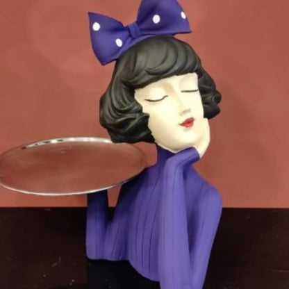 Handcrafted Girl Holding Tray Figure, Girl Sculpture With Tray Decor, Functional Girl Figurine With Tray, Decorative Girl Figurine For Gift, Girl Holding Tray Decor