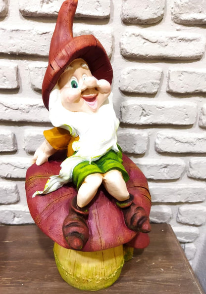 Garden Gnome Sitting on Red Mushroom Outdoor Decor, Garden Gnome Statue, Outdoor Garden Decor, Mushroom Gnome Figure, Fairy Garden Gnome, Garden Gnome Sculpture, Garden Gnome Decor