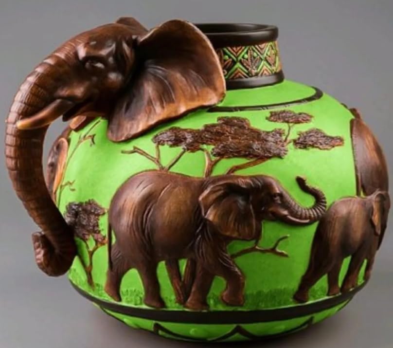 Elefantenvase, handgefertigtes Safari-Dekor, Wildlife Art Decor, Elefanten-Henkelvase, exotisches Wohndekor, Elefantenvase-Dekor, afrikanische Vase, Wildlife Vase