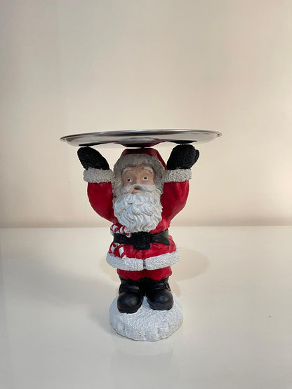 Santa Claus Tray Holder, Holiday Serving Stand, Santa Figurine with Metal Tray for Snacks & Sweets, Christmas Decoration, Santa Sculpture, Santa Claus Tray