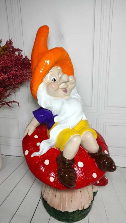 Garden Gnome Sitting on Red Mushroom Outdoor Decor, Garden Gnome Statue, Outdoor Garden Decor, Mushroom Gnome Figure, Fairy Garden Gnome, Garden Gnome Sculpture, Garden Gnome Decor