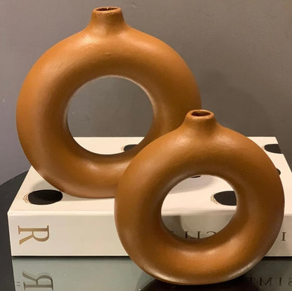 Circle Ceramic Vase Set-2, Minimalist Round Hollow Vase, Handmade Ceramic Vase, Home Decor Accessories, Pampas Flower Vases, Flowers Vase, Circle Vase, Handmade Vase