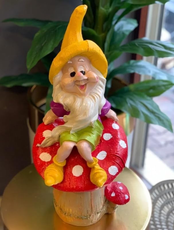 Garden Gnome Sitting on Red Mushroom Outdoor Decor, Garden Gnome Statue, Outdoor Garden Decor, Mushroom Gnome Figure, Fairy Garden Gnome, Garden Gnome Sculpture, Garden Gnome Decor