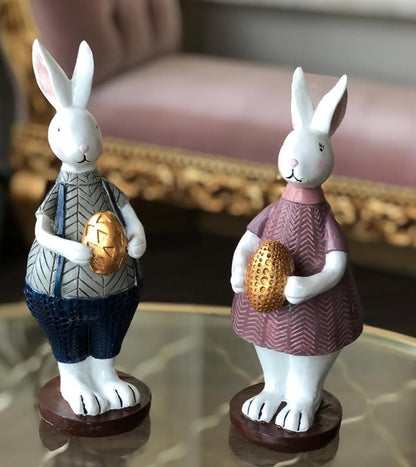Handmade Easter Bunny Figurines with Colorful Eggs, Decorative Polyester Rabbits, Easter Bunny Figurines, Handmade Rabbit Statues, Easter Rabbit Sculpture