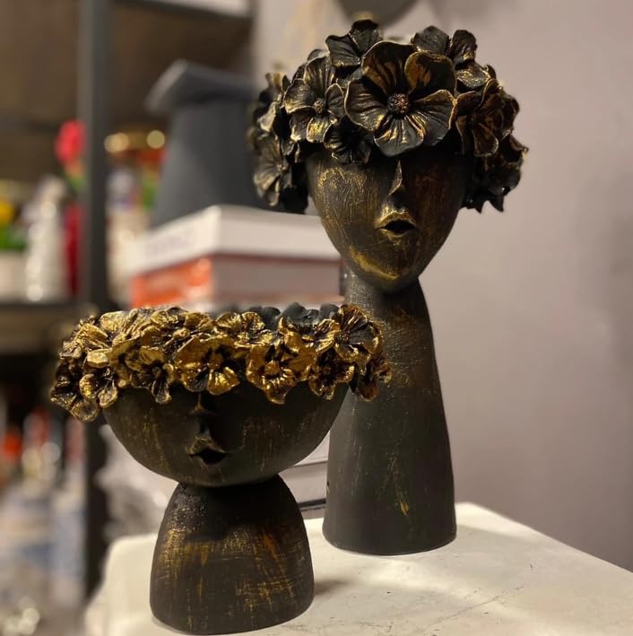 Modern Face Flower Pot with Floral Crown Set of 2, Indoor Home Accent, Chic Face Decor, Polyester Flower Pot, Face Sculpture Planter, Face Planter, Face Pot