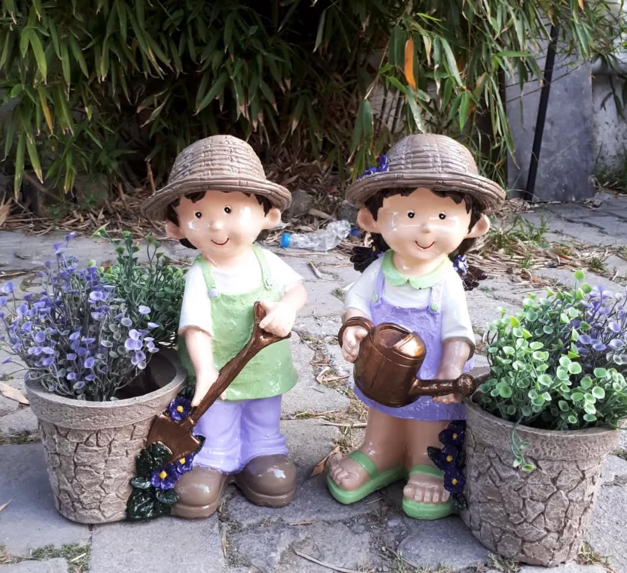 Cute Girl and Boy Planter Pots for Garden Decor, Outdoor Yard Statues, Polyester Garden Pot, Cute Planter Figurine, Boy Girl Flower Pot