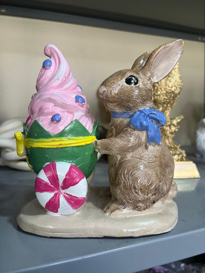 Rabbit Holding Ice Cream Cart Figurine, Whimsical Bunny Ice Cream Vendor, Bunny Vendor Figurine, Rabbit Themed Decoration, Rabbit Decor