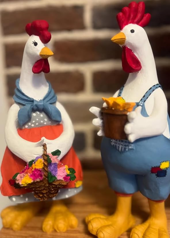 Farmhouse Chicken Decor, Charming Rooster and Hen Figurines Holding Flowers, Flower Holding Rooster, Cute Chicken Statues, Chicken Statue, Cockerel Decor, Cockerel Statue