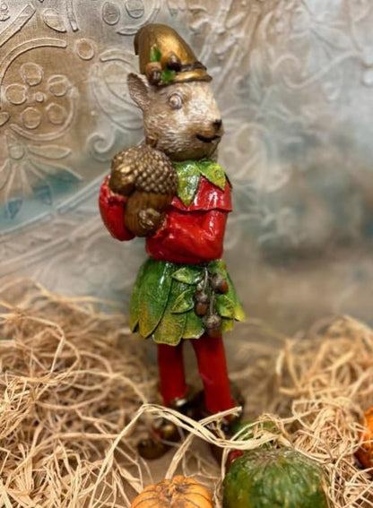 Squirrel Elf Statue, Whimsical Squirrel Statue, Polyester Squirrel Figurine, Cute Squirrel with Acorns Statue, Squirrel in Costume Figurine