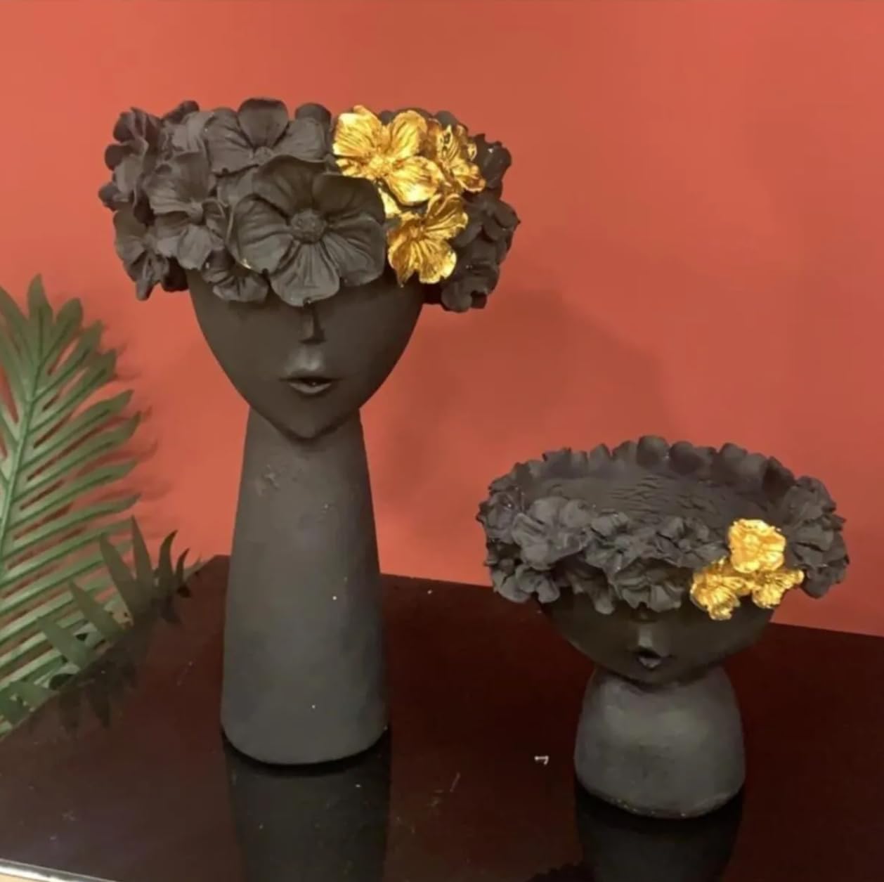 Modern Face Flower Pot with Floral Crown Set of 2, Indoor Home Accent, Chic Face Decor, Polyester Flower Pot, Face Sculpture Planter, Face Planter, Face Pot