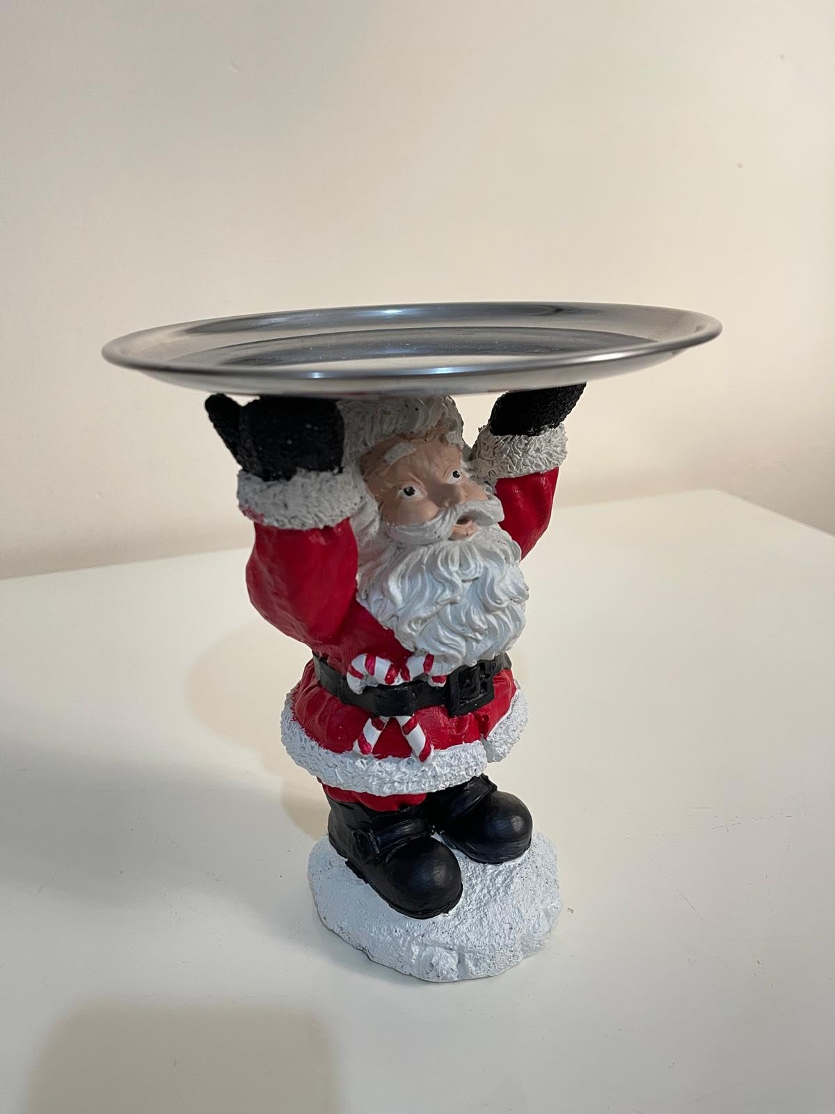 Santa Claus Tray Holder, Holiday Serving Stand, Santa Figurine with Metal Tray for Snacks & Sweets, Christmas Decoration, Santa Sculpture, Santa Claus Tray