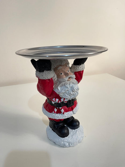 Santa Claus Tray Holder, Holiday Serving Stand, Santa Figurine with Metal Tray for Snacks & Sweets, Christmas Decoration, Santa Sculpture, Santa Claus Tray