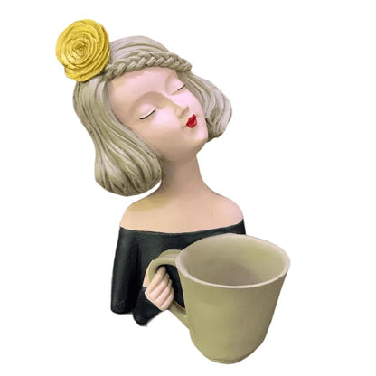 Elegant Female Figurine Holding a Mug, Handcrafted Girl Sculpture, Female Art Statue, Stylish Tabletop Sculpture, Female Statue, Girl Statue, Girl Decor, Girl Sculpture