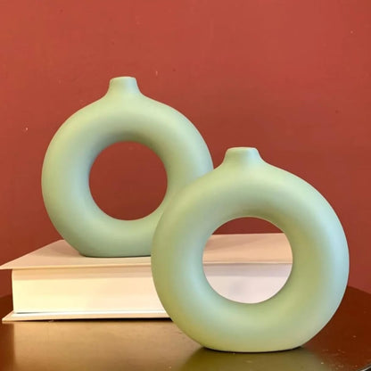 Circle Ceramic Vase Set-2, Minimalist Round Hollow Vase, Handmade Ceramic Vase, Home Decor Accessories, Pampas Flower Vases, Flowers Vase, Circle Vase, Handmade Vase