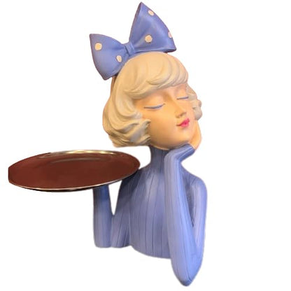 Handcrafted Girl Holding Tray Figure, Girl Sculpture With Tray Decor, Functional Girl Figurine With Tray, Decorative Girl Figurine For Gift, Girl Holding Tray Decor