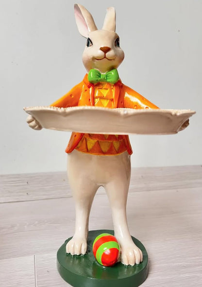 Elegant Rabbit Figurine with Tray, Whimsical Rabbit Sculpture, Decorative Bunny Statue, Bunny Statue Tabletop, Rabbit Serving Tray Stand