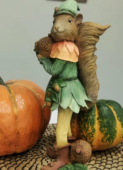 Squirrel Elf Statue, Whimsical Squirrel Statue, Polyester Squirrel Figurine, Cute Squirrel with Acorns Statue, Squirrel in Costume Figurine