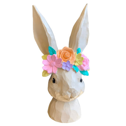 Hand-Painted Bunny Head Sculpture With Floral Crown, Whimsical Easter Decor, Bunny Head Sculpture, Easter Bunny Decor, Rabbit Head Decor, Easter Rabbit Decor, Rabbit Sculpture