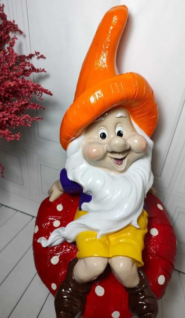 Garden Gnome Sitting on Red Mushroom Outdoor Decor, Garden Gnome Statue, Outdoor Garden Decor, Mushroom Gnome Figure, Fairy Garden Gnome, Garden Gnome Sculpture, Garden Gnome Decor