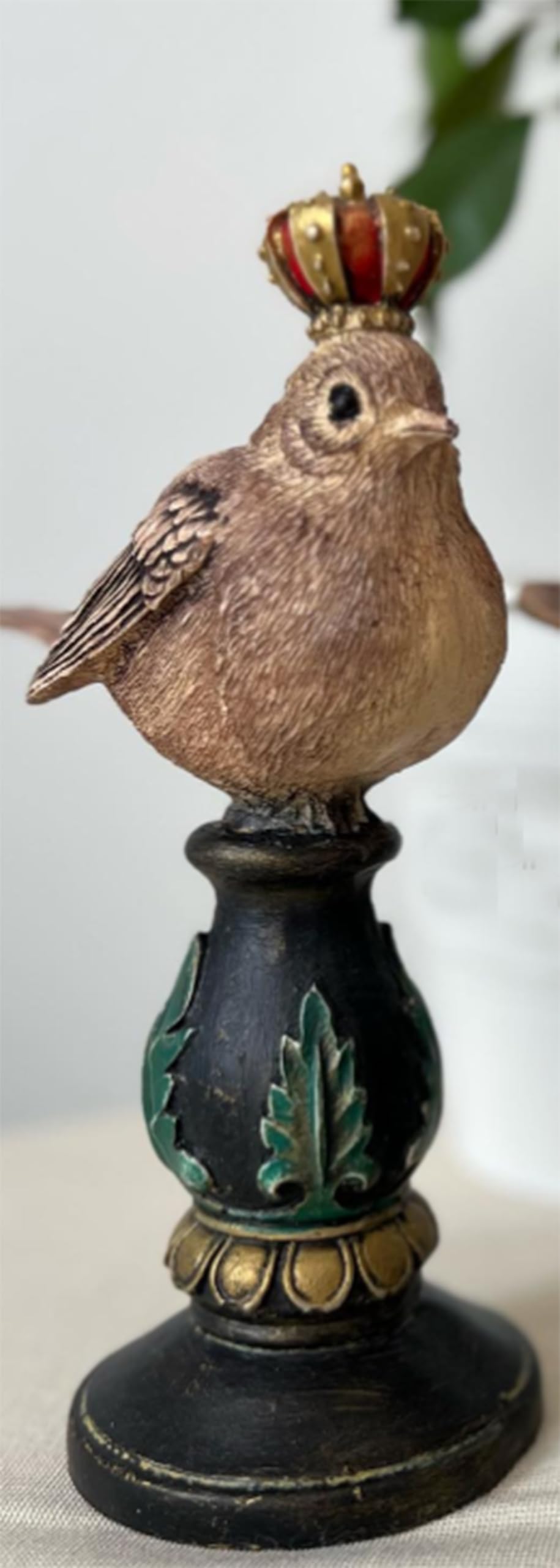 Vintage Crowned Bird Figurine on Leaf Base, Decorative Bird Statue, Bird Decor, Crowned Bird Decor, Bird Sculpture, Royal Bird Statue