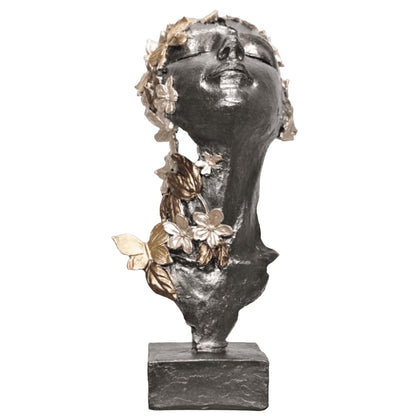 Scultura artistica di volto di ragazza con fiori, decorazione artistica di volto floreale, decorazione astratta femminile, scultura di volto con farfalle, decorazione di farfalle, statua di farfalle