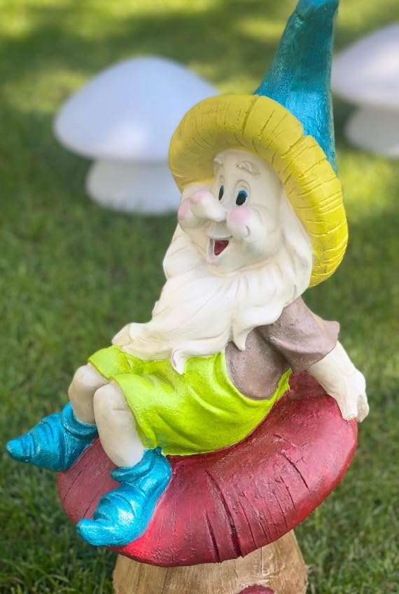 Garden Gnome Sitting on Red Mushroom Outdoor Decor, Garden Gnome Statue, Outdoor Garden Decor, Mushroom Gnome Figure, Fairy Garden Gnome, Garden Gnome Sculpture, Garden Gnome Decor