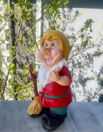 Happy Garden Gnome with Broom for Outdoor Decor, Garden Gnome Statue, Patio Gnome Figure, Gnome Decor, Broom Holding Gnome